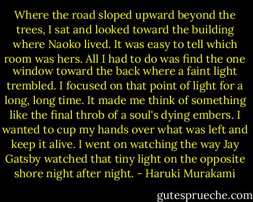 Where the road sloped upward beyond the trees, I sat and looked toward the building where Naoko lived. It was easy to tell which room was hers. All I had to do was find the one window toward the back where a faint light trembled. I focused on that point of light for a long, long time. It made me think of something like the final throb of a soul's dying embers. I wanted to cup my hands over what was left and keep it alive. I went on watching the way Jay Gatsby watched that tiny light on the opposite shore night after night. - Haruki Murakami