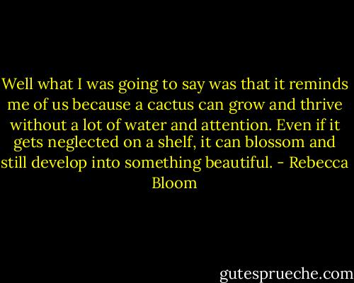 Well what I was going to say was that it reminds me of us because a cactus can grow and thrive without a lot of water and attention. Even if it gets neglected on a shelf, it can blossom and still develop into something beautiful. - Rebecca Bloom