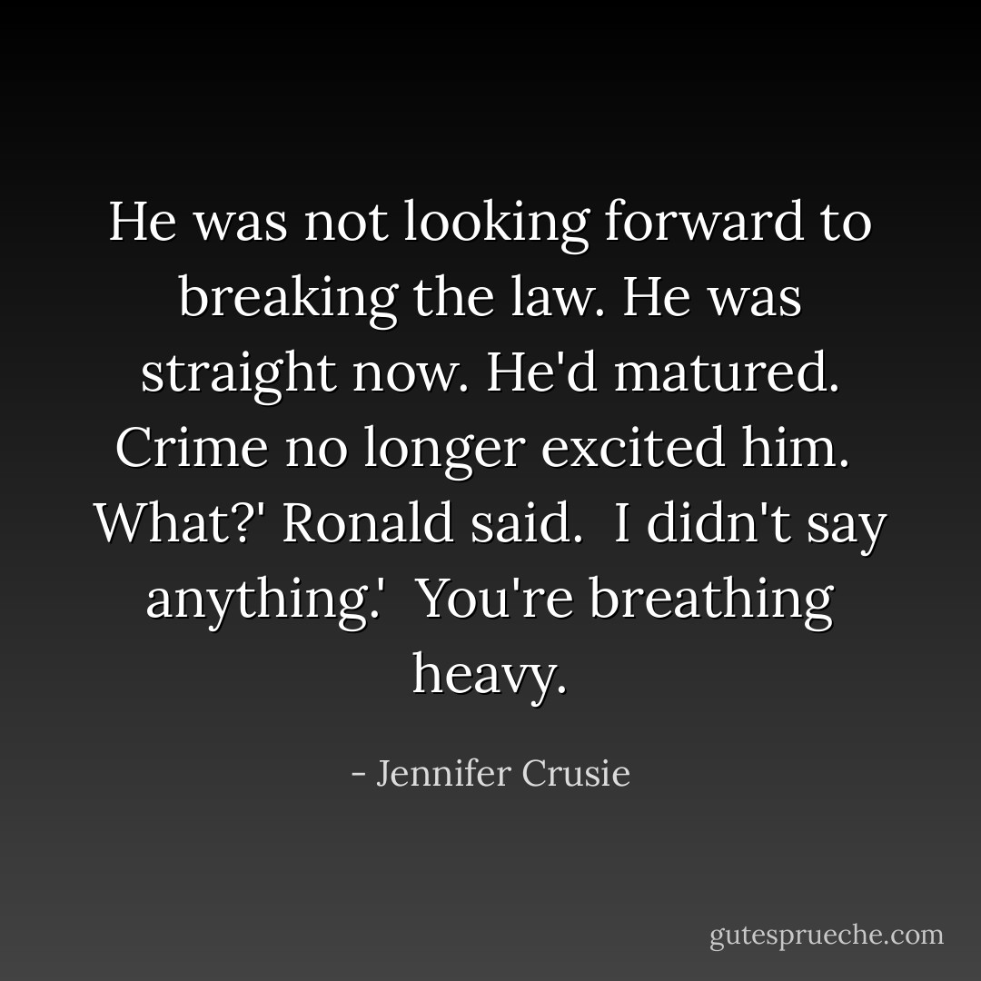 He was not looking forward to breaking the law. He was straight now. He'd matured. Crime no longer excited him.<br /><br />What?' Ronald said.<br /><br />I didn't say anything.'<br /><br />You're breathing heavy. - Jennifer Crusie