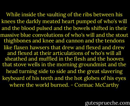While inside the vaulting of the ribs between his knees the darkly meated heart pumped of who's will and the blood pulsed and the bowels shifted in their massive blue convolutions of who's will and the stout thighbones and knee and cannon and the tendons like flaxen hawsers that drew and flexed and drew and flexed at their articulations of who's will all sheathed and muffled in the flesh and the hooves that stove wells in the morning groundmist and the head turning side to side and the great slavering keyboard of his teeth and the hot globes of his eyes where the world burned. - Cormac McCarthy