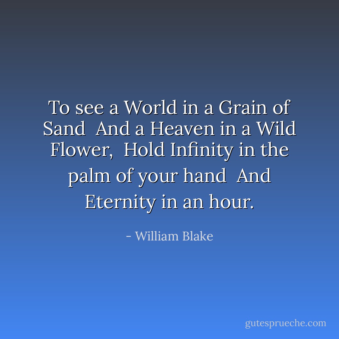 To see a World in a Grain of Sand <br />And a Heaven in a Wild Flower, <br />Hold Infinity in the palm of your hand <br />And Eternity in an hour. - William Blake