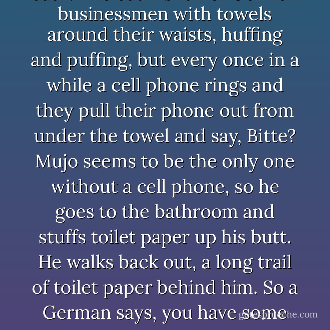 Mujo is a refugee in Germany, has no job, but has a lot of time, so he goes to a Turkish bath. The bath is full of German businessmen with towels around their waists, huffing and puffing, but every once in a while a cell phone rings and they pull their phone out from under the towel and say, <i>Bitte</i>? Mujo seems to be the only one without a cell phone, so he goes to the bathroom and stuffs toilet paper up his butt. He walks back out, a long trail of toilet paper behind him. So a German says, you have some paper, <i>Herr</i>, sticking out behind you. Oh, Mujo says, it looks like I have received a fax. - Aleksandar Hemon