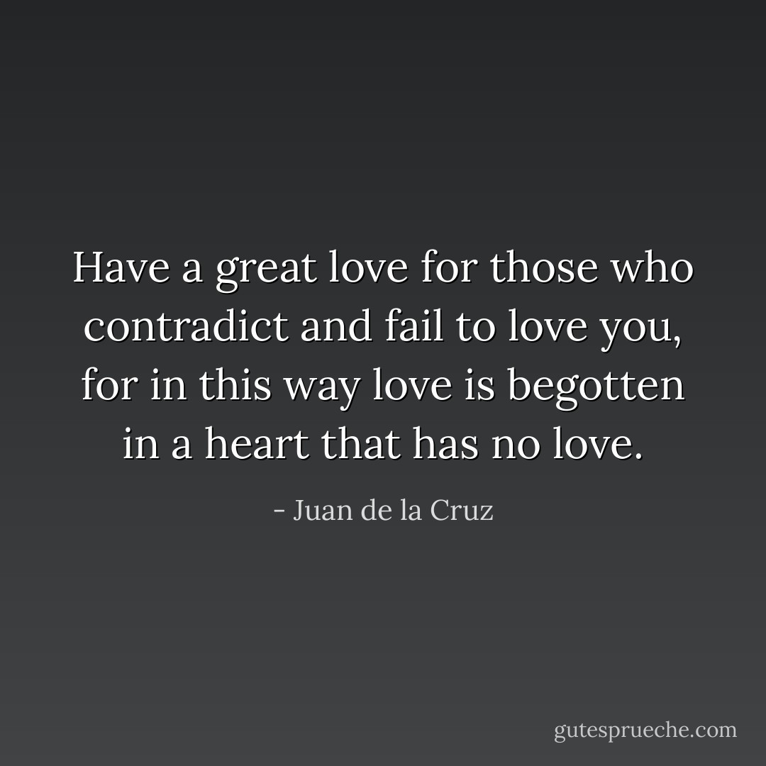 Have a great love for those who contradict and fail to love you, for in this way love is begotten in a heart that has no love. - Juan de la Cruz