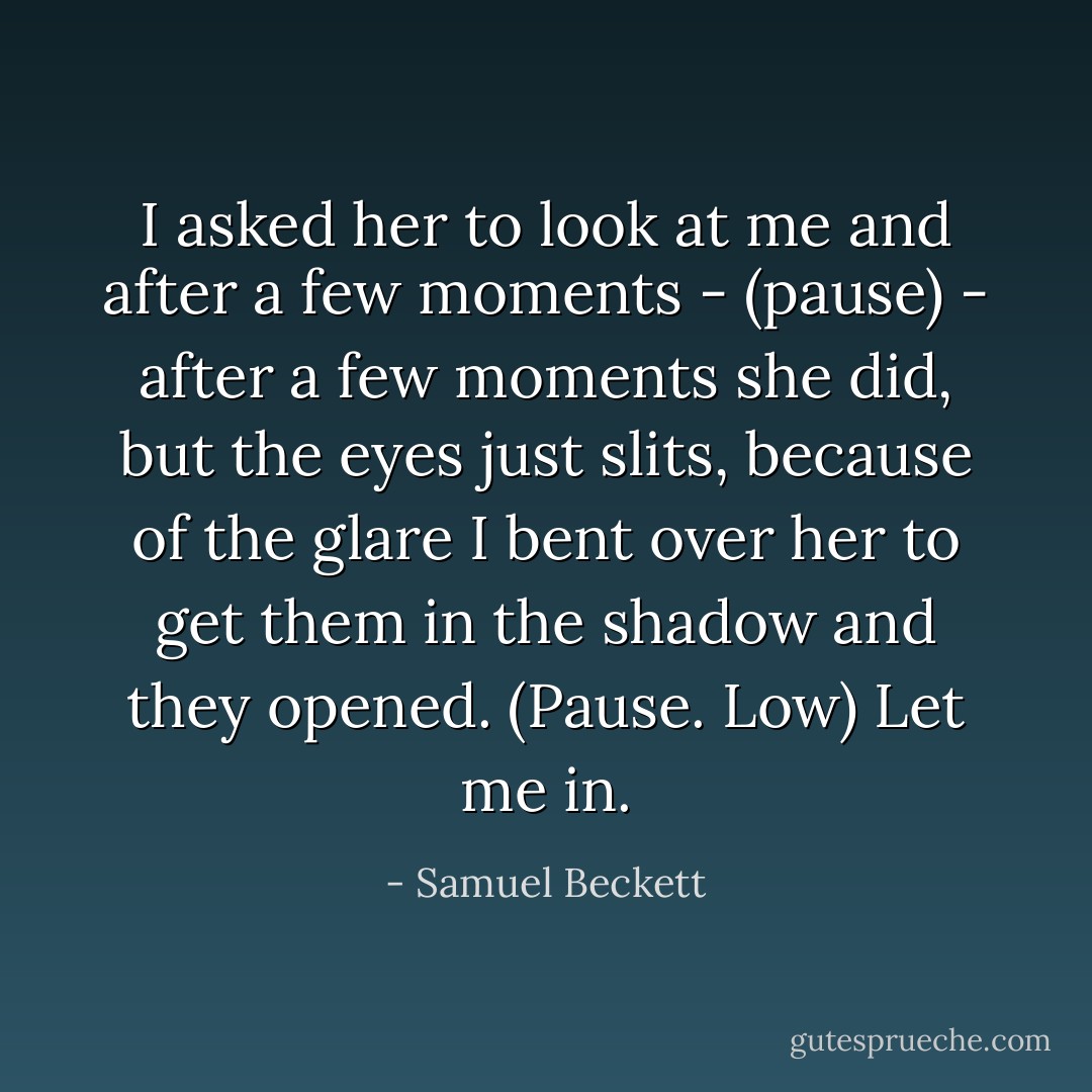 I asked her to look at me and after a few moments - (pause) - after a few moments she did, but the eyes just slits, because of the glare I bent over her to get them in the shadow and they opened. (Pause. Low) Let me in. - Samuel Beckett