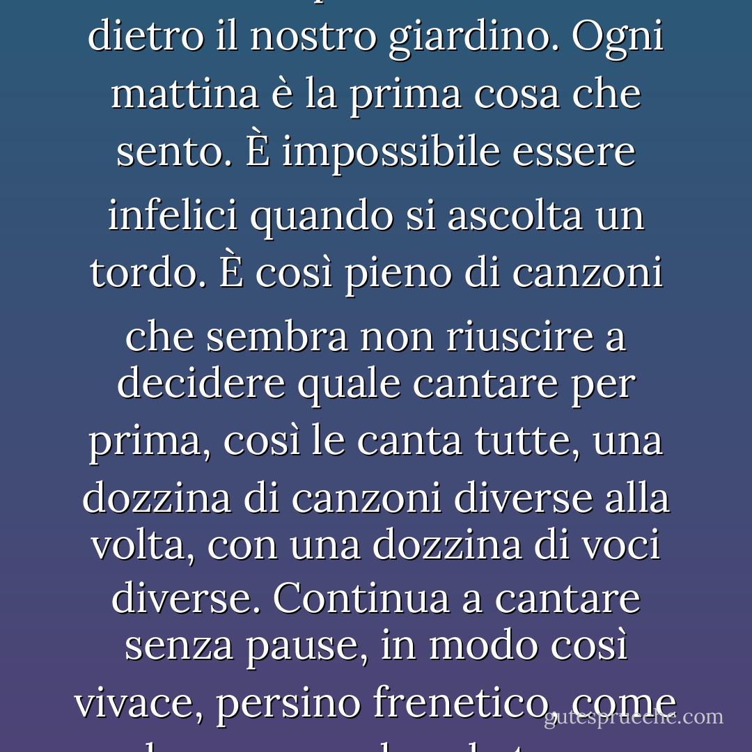 Un tordo si è trasferito nel nostro quartiere. Si appollaia in cima a un palo del telefono dietro il nostro giardino. Ogni mattina è la prima cosa che sento. È impossibile essere infelici quando si ascolta un tordo. È così pieno di canzoni che sembra non riuscire a decidere quale cantare per prima, così le canta tutte, una dozzina di canzoni diverse alla volta, con una dozzina di voci diverse. Continua a cantare senza pause, in modo così vivace, persino frenetico, come se la sua voce da sola tenesse sveglio il mondo. - Jerry Spinelli