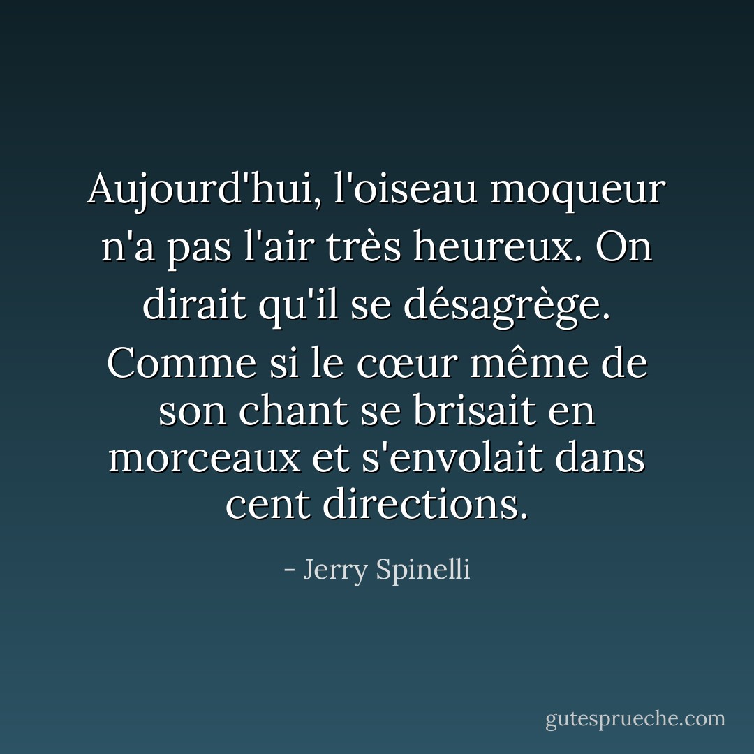 Aujourd'hui, l'oiseau moqueur n'a pas l'air très heureux. On dirait qu'il se désagrège. Comme si le cœur même de son chant se brisait en morceaux et s'envolait dans cent directions. - Jerry Spinelli