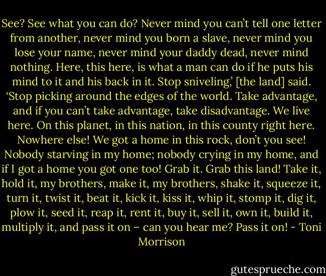 See? See what you can do? Never mind you can’t tell one letter from another, never mind you born a slave, never mind you lose your name, never mind your daddy dead, never mind nothing. Here, this here, is what a man can do if he puts his mind to it and his back in it. Stop sniveling,’ [the land] said. ‘Stop picking around the edges of the world. Take advantage, and if you can’t take advantage, take disadvantage. We live here. On this planet, in this nation, in this county right here. Nowhere else! We got a home in this rock, don’t you see! Nobody starving in my home; nobody crying in my home, and if I got a home you got one too! Grab it. Grab this land! Take it, hold it, my brothers, make it, my brothers, shake it, squeeze it, turn it, twist it, beat it, kick it, kiss it, whip it, stomp it, dig it, plow it, seed it, reap it, rent it, buy it, sell it, own it, build it, multiply it, and pass it on – can you hear me? Pass it on! - Toni Morrison