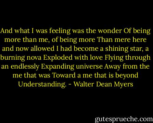And what I was feeling was the wonder<br />Of being more than me, of being more<br />Than mere here and now allowed<br />I had become a shining star, a burning nova<br />Exploded with love<br />Flying through an endlessly<br />Expanding universe<br />Away from the me that was<br />Toward a me that is beyond<br />Understanding. - Walter Dean Myers