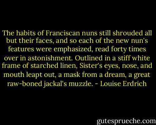 The habits of Franciscan nuns still shrouded all but their faces, and so each of the new nun's features were emphasized, read forty times over in astonishment. Outlined in a stiff white frame of starched linen, Sister's eyes, nose, and mouth leapt out, a mask from a dream, a great raw-boned jackal's muzzle. - Louise Erdrich