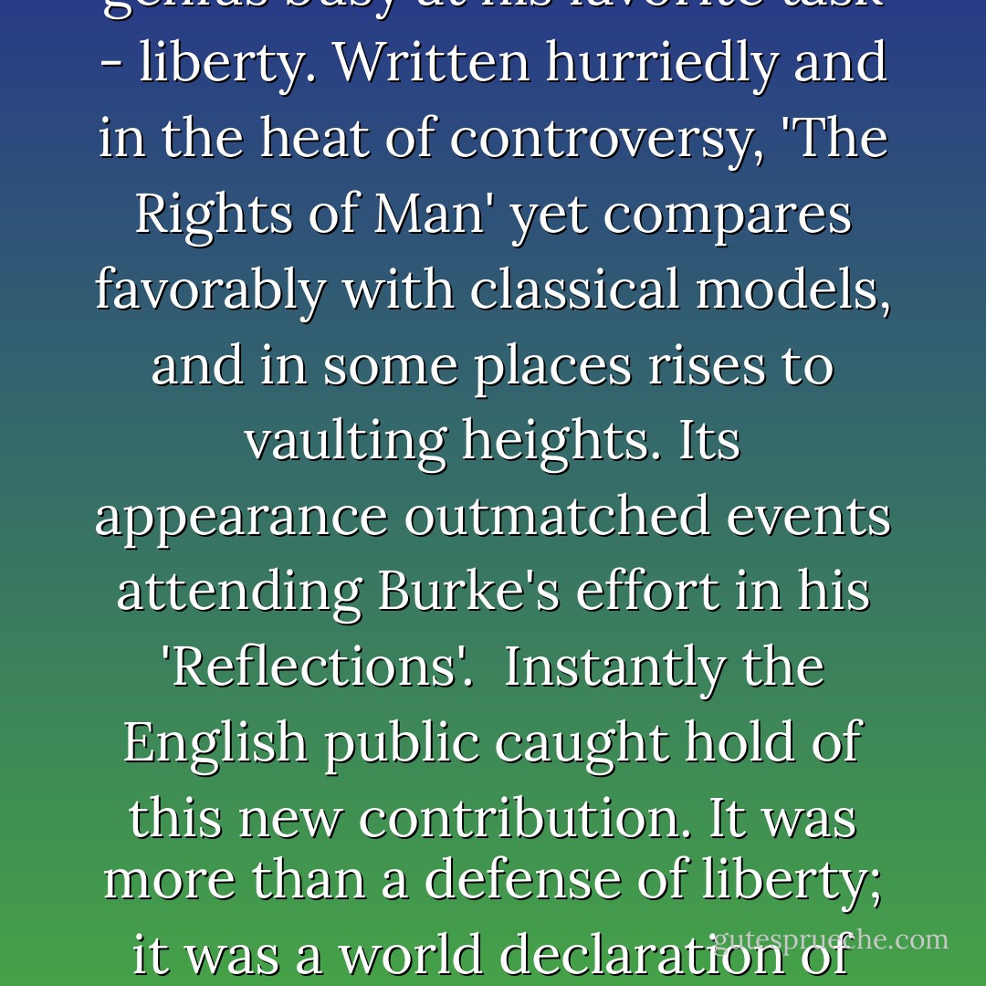I have always been interested in this <a href="https://www.goodreads.com/author/show/57639.man" title="man" rel="nofollow noopener">man</a>. My father had a set of <a href="https://www.goodreads.com/author/show/57639.Tom_Paine" title="Tom Paine" rel="nofollow noopener">Tom Paine</a>'s books on the shelf at home. I must have opened the covers about the time I was 13. And I can still remember the flash of enlightenment which shone from his pages. It was a revelation, indeed, to encounter his views on political and religious matters, so different from the views of many people around us. Of course I did not understand him very well, but his sincerity and ardor made an impression upon me that nothing has ever served to lessen.<br /><br />I have heard it said that <a href="https://www.goodreads.com/author/show/57639.Paine" title="Paine" rel="nofollow noopener">Paine</a> borrowed from Montesquieu and <a href="https://www.goodreads.com/author/show/7994.Rousseau" title="Rousseau" rel="nofollow noopener">Rousseau</a>. Maybe he had read them both and learned something from each. I do not know. But I doubt that <a href="https://www.goodreads.com/author/show/57639.Paine" title="Paine" rel="nofollow noopener">Paine</a> ever borrowed a line from any man...<br /><br />Many a person who could not comprehend <a href="https://www.goodreads.com/author/show/7994.Rousseau" title="Rousseau" rel="nofollow noopener">Rousseau</a>, and would be puzzled by <a href="https://www.goodreads.com/author/show/4449652.Montesquieu" title="Montesquieu" rel="nofollow noopener">Montesquieu</a>, could understand <a href="https://www.goodreads.com/author/show/57639.Paine" title="Paine" rel="nofollow noopener">Paine</a> as an open book. He wrote with a clarity, a sharpness of outline and exactness of speech that even a schoolboy should be able to grasp. There is nothing false, little that is subtle, and an impressive lack of the negative in <a href="https://www.goodreads.com/author/show/57639.Paine" title="Paine" rel="nofollow noopener">Paine</a>. He literally cried to his reader for a comprehending hour, and then filled that hour with such sagacious reasoning as we find surpassed nowhere else in American letters - seldom in any school of writing.<br /><br /><a href="https://www.goodreads.com/author/show/57639.Paine" title="Paine" rel="nofollow noopener">Paine</a> would have been the last to look upon himself as a man of letters. Liberty was the dear companion of his heart; truth in all things his object.<br /><br />...we, perhaps, remember him best for his declaration:<br /><br />'The world is my country; to do good my religion.'<br /><br />Again we see the spontaneous genius at work in 'The Rights of Man', and that genius busy at his favorite task - liberty. Written hurriedly and in the heat of controversy, 'The Rights of Man' yet compares favorably with classical models, and in some places rises to vaulting heights. Its appearance outmatched events attending <a href="https://www.goodreads.com/author/show/17142.Burke" title="Burke" rel="nofollow noopener">Burke</a>'s effort in his 'Reflections'.<br /><br />Instantly the English public caught hold of this new contribution. It was more than a defense of liberty; it was a world declaration of what <a href="https://www.goodreads.com/author/show/57639.Paine" title="Paine" rel="nofollow noopener">Paine</a> had declared before in the Colonies. His reasoning was so cogent, his command of the subject so broad, that his legion of enemies found it hard to answer him.<br /><br />'<a href="https://www.goodreads.com/author/show/57639.Tom_Paine" title="Tom Paine" rel="nofollow noopener">Tom Paine</a> is quite right,' said Pitt, the Prime Minister, 'but if I were to encourage his views we should have a bloody revolution.'<br /><br />Here we see the progressive quality of <a href="https://www.goodreads.com/author/show/57639.Paine" title="Paine" rel="nofollow noopener">Paine</a>'s genius at its best. 'The Rights of Man' amplified and reasserted what already had been said in 'Common Sense', with now a greater force and the power of a maturing mind. Just when <a href="https://www.goodreads.com/author/show/57639.Paine" title="Paine" rel="nofollow noopener">Paine</a> was at the height of his renown, an indictment for treason confronted him. About the same time he was elected a member of the Revolutionary Assembly and escaped to France.<br /><br />So little did he know of the French tongue that addresses to his constituents had to be translated by an interpreter. But he sat in the assembly. Shrinking from the guillotine, he encountered <a href="https://www.goodreads.com/author/show/5037962.Robespierre" title="Robespierre" rel="nofollow noopener">Robespierre</a>'s enmity, and presently found himself in prison, facing that dread instrument.<br /><br />But his imprisonment was fertile. Already he had written the first part of 'The Age of Reason' and now turned his time to the latter part.<br /><br />Presently his second escape cheated Robespierre of vengeance, and in the course of events 'The Age of Reason' appeared. Instantly it became a source of contention which still endures. <a href="https://www.goodreads.com/author/show/57639.Paine" title="Paine" rel="nofollow noopener">Paine</a> returned to the United States a little broken, and went to live at his home in New Rochelle - a public gift. Many of his old companions in the struggle for liberty avoided him, and he was publicly condemned by the unthinking.<br /><br />{<i>The Philosophy of <a href="https://www.goodreads.com/author/show/57639.Paine" title="Paine" rel="nofollow noopener">Paine</a>, June 7, 1925</i>} - Thomas A. Edison