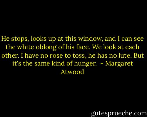 He stops, looks up at this window, and I can see the white oblong of his face. We look at each other. I have no rose to toss, he has no lute. But it's the same kind of hunger.  - Margaret Atwood