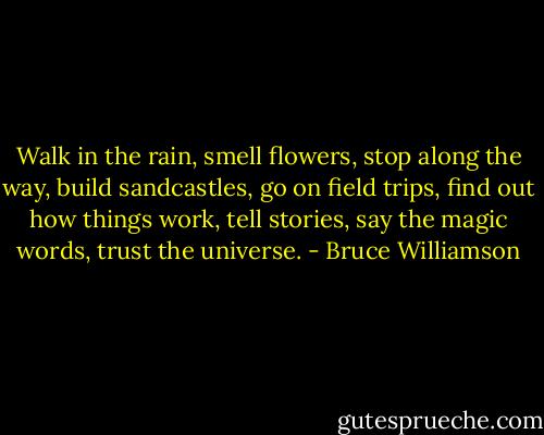 Walk in the rain,<br />smell flowers,<br />stop along the way,<br />build sandcastles,<br />go on field trips,<br />find out how things work,<br />tell stories,<br />say the magic words,<br />trust the universe. - Bruce Williamson