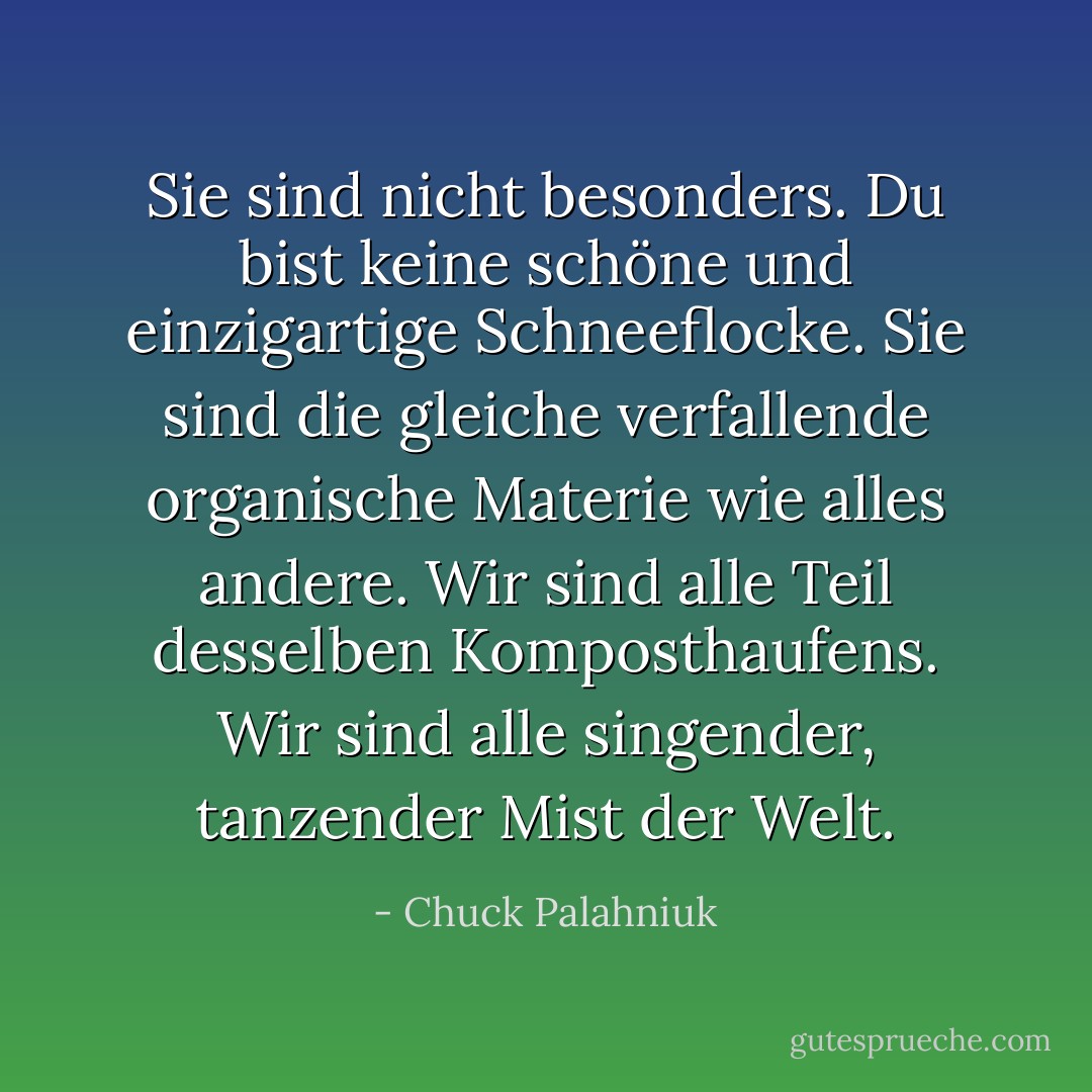 Sie sind nicht besonders. Du bist keine schöne und einzigartige Schneeflocke. Sie sind die gleiche verfallende organische Materie wie alles andere. Wir sind alle Teil desselben Komposthaufens. Wir sind alle singender, tanzender Mist der Welt. - Chuck Palahniuk<