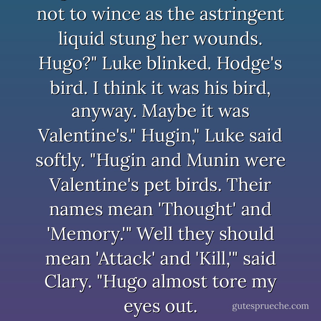 Hugo attacked me." Clary tried not to wince as the astringent liquid stung her wounds.<br />Hugo?" Luke blinked.<br />Hodge's bird. I think it was his bird, anyway. Maybe it was Valentine's."<br />Hugin," Luke said softly. "Hugin and Munin were Valentine's pet birds. Their names mean 'Thought' and 'Memory.'"<br />Well they should mean 'Attack' and 'Kill,'" said Clary. "Hugo almost tore my eyes out. - Cassandra Clare