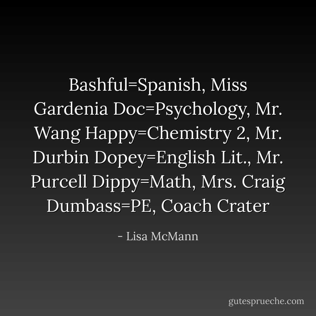 Bashful=Spanish, Miss Gardenia<br />Doc=Psychology, Mr. Wang<br />Happy=Chemistry 2, Mr. Durbin<br />Dopey=English Lit., Mr. Purcell<br />Dippy=Math, Mrs. Craig<br />Dumbass=PE, Coach Crater - Lisa McMann