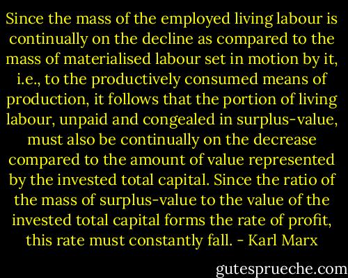 Since the mass of the employed living labour is continually on the decline as compared to the mass of materialised labour set in motion by it, i.e., to the productively consumed means of production, it follows that the portion of living labour, unpaid and congealed in surplus-value, must also be continually on the decrease compared to the amount of value represented by the invested total capital. Since the ratio of the mass of surplus-value to the value of the invested total capital forms the rate of profit, this rate must constantly fall. - Karl Marx