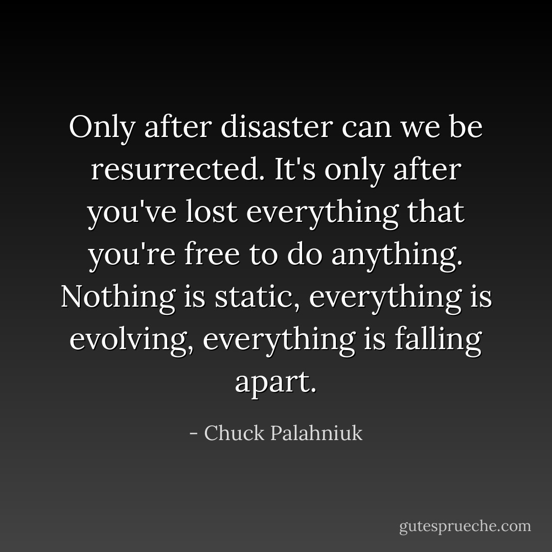 Only after disaster can we be resurrected. It's only after you've lost everything that you're free to do anything. Nothing is static, everything is evolving, everything is falling apart. - Chuck Palahniuk