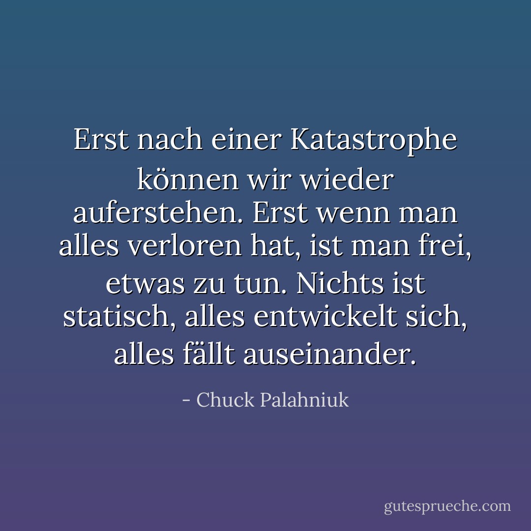 Erst nach einer Katastrophe können wir wieder auferstehen. Erst wenn man alles verloren hat, ist man frei, etwas zu tun. Nichts ist statisch, alles entwickelt sich, alles fällt auseinander. - Chuck Palahniuk<