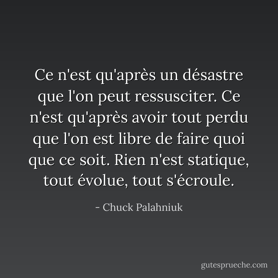 Ce n'est qu'après un désastre que l'on peut ressusciter. Ce n'est qu'après avoir tout perdu que l'on est libre de faire quoi que ce soit. Rien n'est statique, tout évolue, tout s'écroule. - Chuck Palahniuk