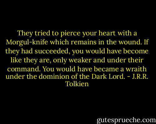 They tried to pierce your heart with a Morgul-knife which remains in the wound. If they had succeeded, you would have become like they are, only weaker and under their command. You would have became a wraith under the dominion of the Dark Lord. - J.R.R. Tolkien