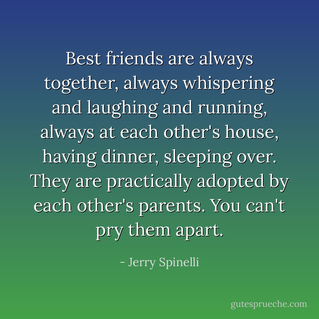 Best friends are always together, always whispering and laughing and running, always at each other's house, having dinner, sleeping over. They are practically adopted by each other's parents. You can't pry them apart. - Jerry Spinelli