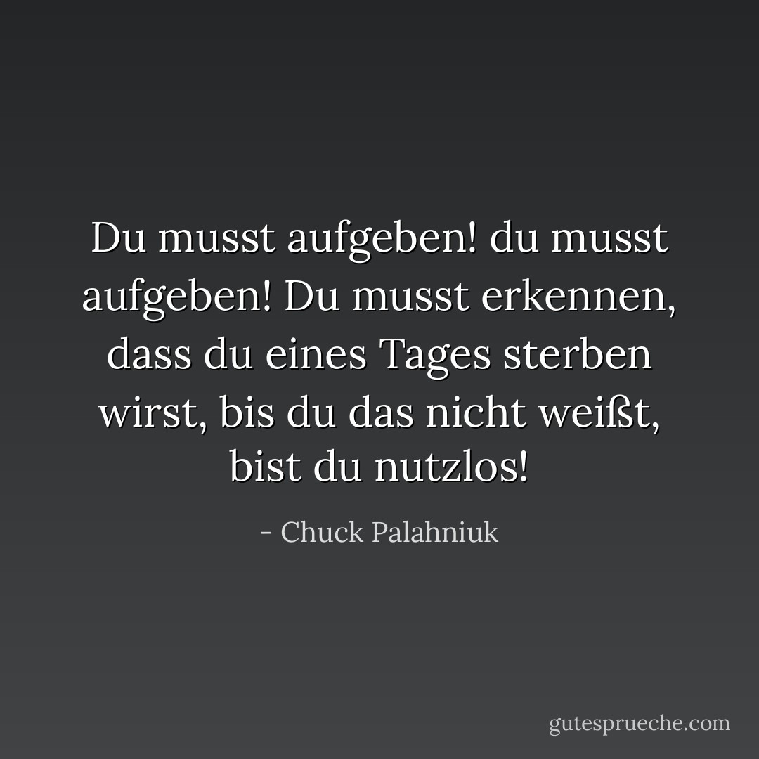 Du musst aufgeben! du musst aufgeben!<br />Du musst erkennen, dass du eines Tages sterben wirst,<br />bis du das nicht weißt, bist du nutzlos! - Chuck Palahniuk<