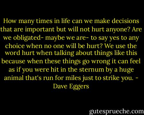How many times in life can we make decisions that are important but will not hurt anyone? Are we obligated- maybe we are- to say yes to any choice when no one will be hurt? We use the word hurt when talking about things like this because when these things go wrong it can feel as if you were hit in the sternum by a huge animal that's run for miles just to strike you. - Dave Eggers