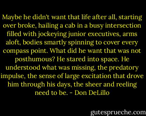 Maybe he didn't want that life after all, starting over broke, hailing a cab in a busy intersection filled with jockeying junior executives, arms aloft, bodies smartly spinning to cover every compass point. What did he want that was not posthumous? He stared into space. He understood what was missing, the predatory impulse, the sense of large excitation that drove him through his days, the sheer and reeling need to be. - Don DeLillo
