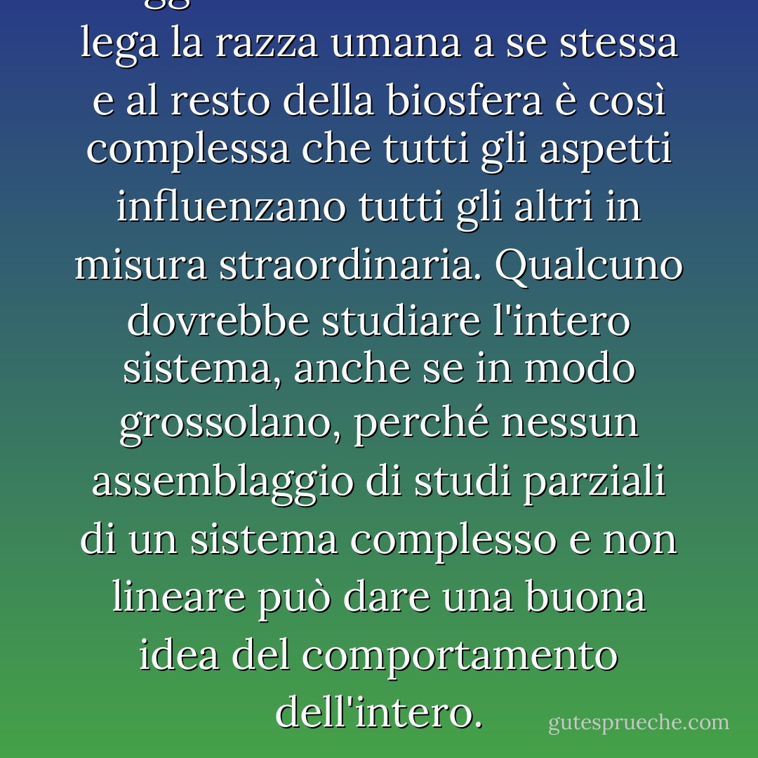 Oggi la rete di relazioni che lega la razza umana a se stessa e al resto della biosfera è così complessa che tutti gli aspetti influenzano tutti gli altri in misura straordinaria. Qualcuno dovrebbe studiare l'intero sistema, anche se in modo grossolano, perché nessun assemblaggio di studi parziali di un sistema complesso e non lineare può dare una buona idea del comportamento dell'intero. - Murray Gell-Mann