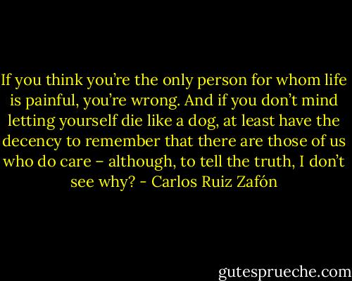 If you think you’re the only person for whom life is painful, you’re wrong. And if you don’t mind letting yourself die like a dog, at least have the decency to remember that there are those of us who do care – although, to tell the truth, I don’t see why? - Carlos Ruiz Zafón