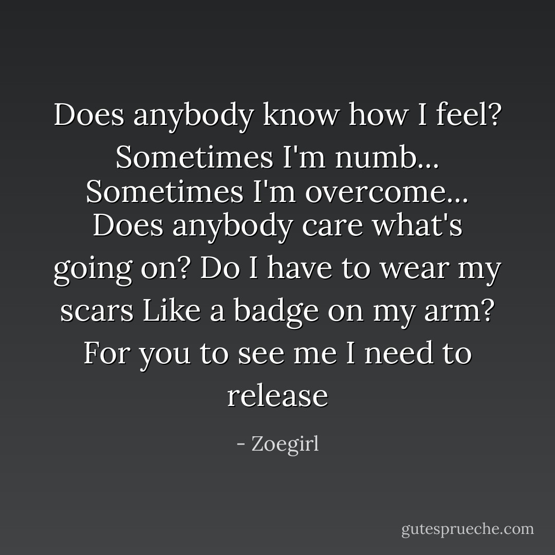 Does anybody know how I feel?<br />Sometimes I'm numb...<br />Sometimes I'm overcome...<br />Does anybody care what's going on?<br />Do I have to wear my scars<br />Like a badge on my arm?<br />For you to see me<br />I need to release - Zoegirl