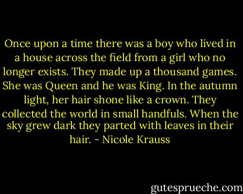 Once upon a time there was a boy who lived in a house across the field from a girl who no longer exists. They made up a thousand games. She was Queen and he was King. In the autumn light, her hair shone like a crown. They collected the world in small handfuls. When the sky grew dark they parted with leaves in their hair. - Nicole Krauss