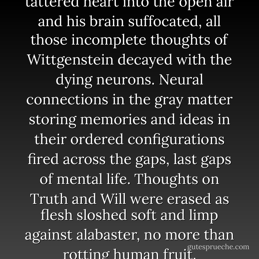 As the blood poured from his tattered heart into the open air and his brain suffocated, all those incomplete thoughts of Wittgenstein decayed with the dying neurons. Neural connections in the gray matter storing memories and ideas in their ordered configurations fired across the gaps, last gaps of mental life. Thoughts on Truth and Will were erased as flesh sloshed soft and limp against alabaster, no more than rotting human fruit. - Janna Levin