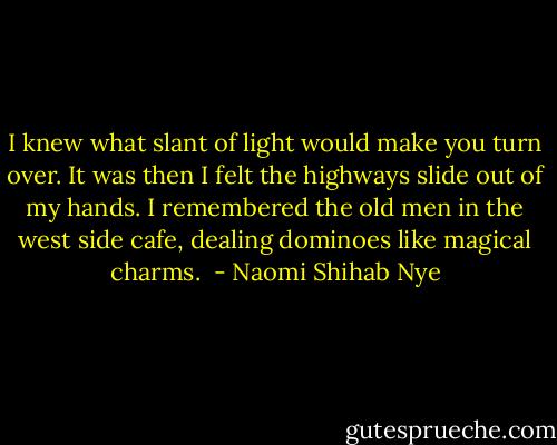 I knew what slant of light would make you turn over. It was then I felt the highways slide out of my hands. I remembered the old men in the west side cafe, dealing dominoes like magical charms.<br /> - Naomi Shihab Nye