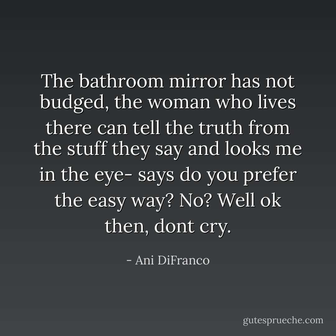 The bathroom mirror has not budged, the woman who lives there can tell the truth from the stuff they say and looks me in the eye- says do you prefer the easy way? No? Well ok then, dont cry. - Ani DiFranco