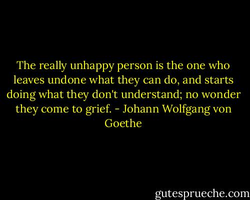 The really unhappy person is the one who leaves undone what they can do, and starts doing what they don't understand; no wonder they come to grief. - Johann Wolfgang von Goethe
