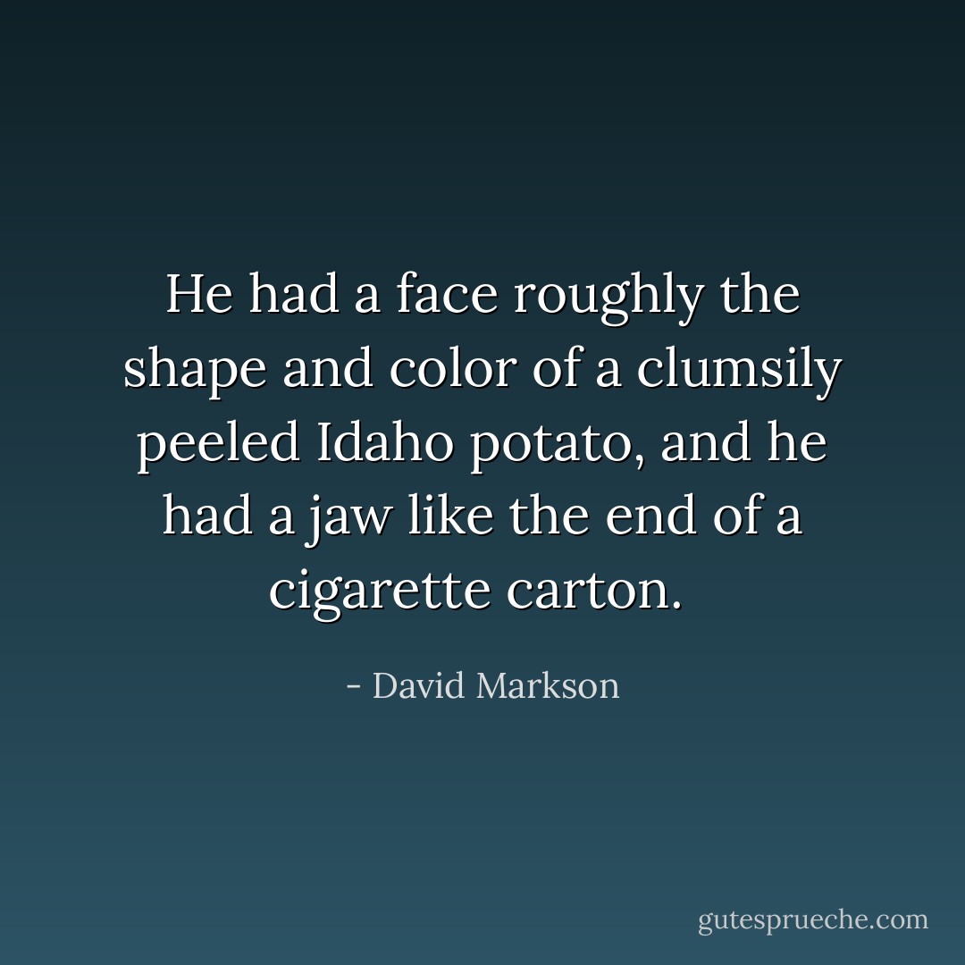 He had a face roughly the shape and color of a clumsily peeled Idaho potato, and he had a jaw like the end of a cigarette carton.  - David Markson