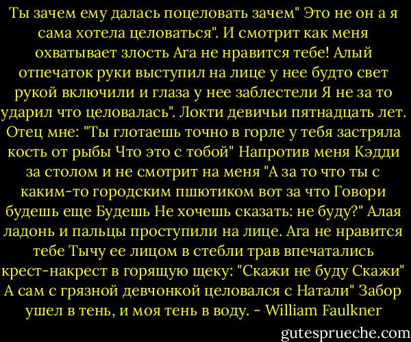 Ты зачем ему далась поцеловать зачем"<br />Это не он а я сама хотела целоваться". И смотрит как меня охватывает злость Ага не нравится тебе! Алый отпечаток руки выступил на лице у нее будто свет рукой включили и глаза у нее заблестели<br />Я не за то ударил что целовалась". Локти девичьи пятнадцать лет. Отец мне: "Ты глотаешь точно в горле у тебя застряла кость от рыбы Что это с тобой" Напротив меня Кэдди за столом и не смотрит на меня "А за то что ты с каким-то городским пшютиком вот за что Говори будешь еще Будешь Не хочешь сказать: не буду?" Алая ладонь и пальцы проступили на лице. Ага не нравится тебе Тычу ее лицом в стебли трав впечатались крест-накрест в горящую щеку: "Скажи не буду Скажи"<br />А сам с грязной девчонкой целовался с Натали" Забор ушел в тень, и моя тень в воду. - William Faulkner
