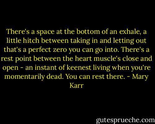 There's a space at the bottom of an exhale, a little hitch between taking in and letting out that's a perfect zero you can go into. There's a rest point between the heart muscle's close and open - an instant of keenest living when you're momentarily dead. You can rest there. - Mary Karr