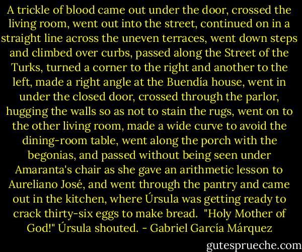 A trickle of blood came out under the door, crossed the living room, went out into the street, continued on in a straight line across the uneven terraces, went down steps and climbed over curbs, passed along the Street of the Turks, turned a corner to the right and another to the left, made a right angle at the Buendía house, went in under the closed door, crossed through the parlor, hugging the walls so as not to stain the rugs, went on to the other living room, made a wide curve to avoid the dining-room table, went along the porch with the begonias, and passed without being seen under Amaranta's chair as she gave an arithmetic lesson to Aureliano José, and went through the pantry and came out in the kitchen, where Úrsula was getting ready to crack thirty-six eggs to make bread.<br /><br />"Holy Mother of God!" Úrsula shouted. - Gabriel García Márquez