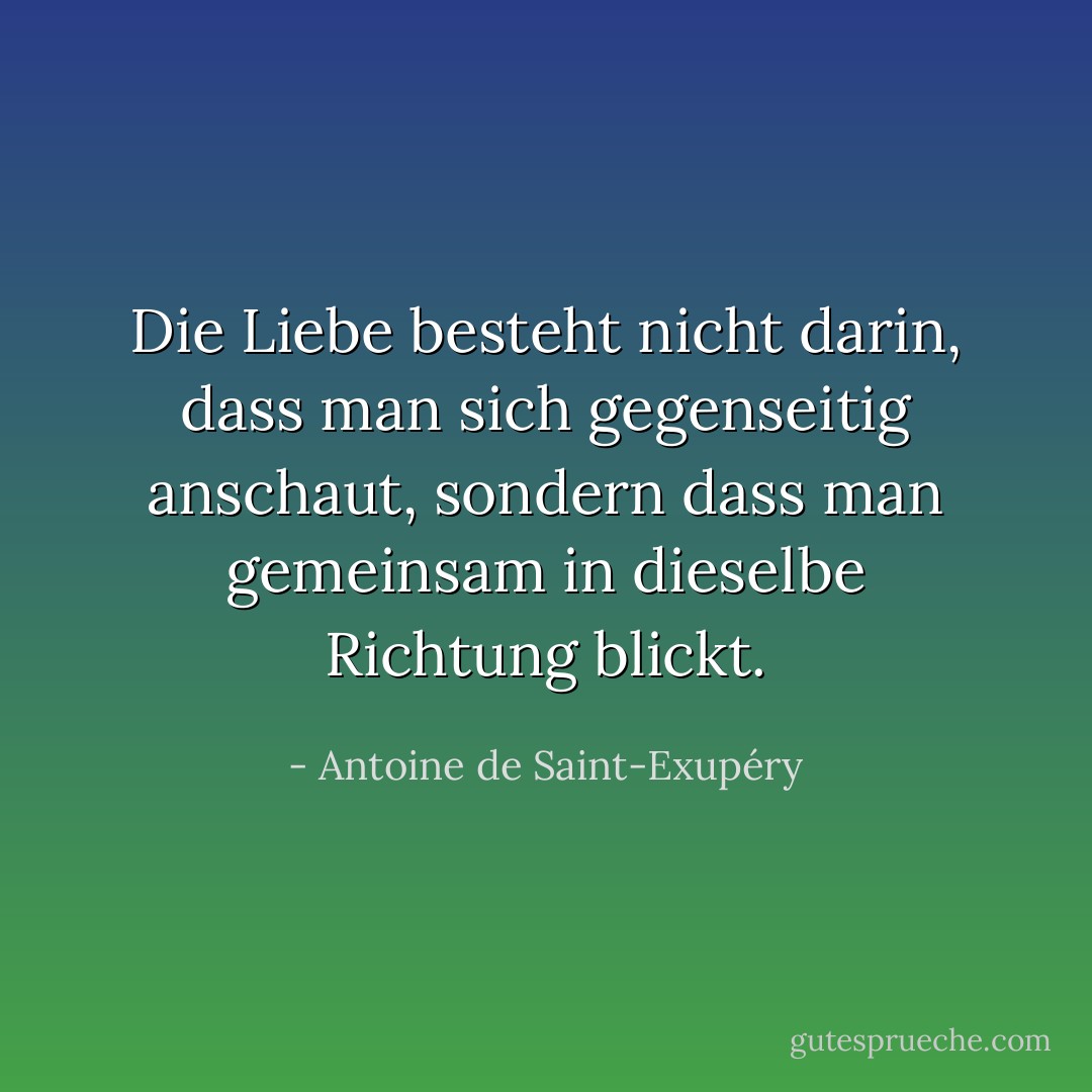 Die Liebe besteht nicht darin, dass man sich gegenseitig anschaut, sondern dass man gemeinsam in dieselbe Richtung blickt. - Antoine de Saint-Exupéry<
