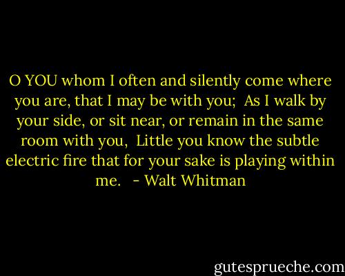 O YOU whom I often and silently come where you are, that I may be with you; <br />As I walk by your side, or sit near, or remain in the same room with you, <br />Little you know the subtle electric fire that for your sake is playing within me. <br /> - Walt Whitman