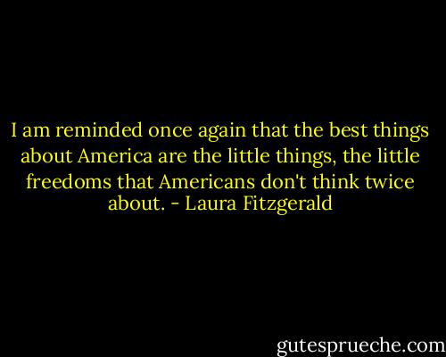 I am reminded once again that the best things about America are the little things, the little freedoms that Americans don't think twice about. - Laura Fitzgerald