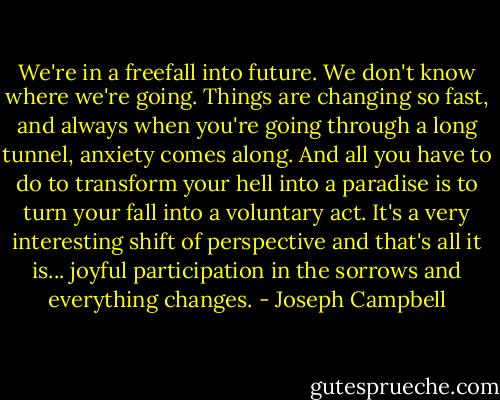 We're in a freefall into future. We don't know where we're going. Things are changing so fast, and always when you're going through a long tunnel, anxiety comes along. And all you have to do to transform your hell into a paradise is to turn your fall into a voluntary act. It's a very interesting shift of perspective and that's all it is... joyful participation in the sorrows and everything changes. - Joseph Campbell