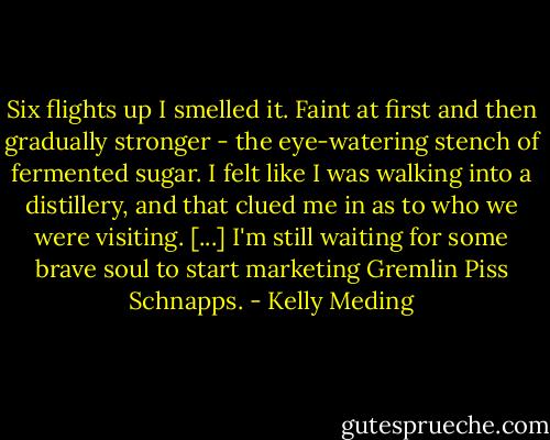 Six flights up I smelled it. Faint at first and then gradually stronger - the eye-watering stench of fermented sugar. I felt like I was walking into a distillery, and that clued me in as to who we were visiting. [...] I'm still waiting for some brave soul to start marketing Gremlin Piss Schnapps. - Kelly Meding