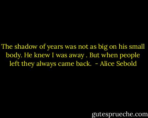 The shadow of years was not as big on his small body. He knew I was away . But when people left they always came back.  - Alice Sebold