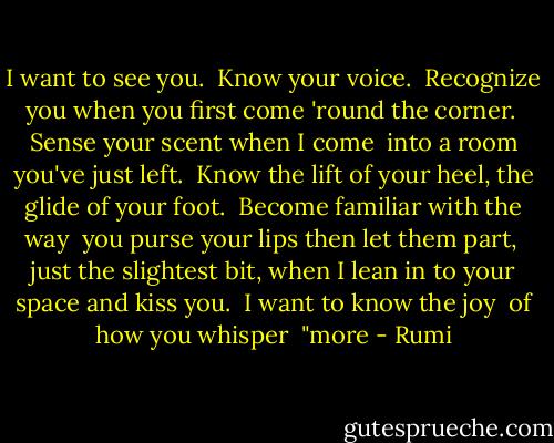 I want to see you.<br /><br />Know your voice.<br /><br />Recognize you when you<br />first come 'round the corner.<br /><br />Sense your scent when I come <br />into a room you've just left.<br /><br />Know the lift of your heel,<br />the glide of your foot.<br /><br />Become familiar with the way <br />you purse your lips<br />then let them part, <br />just the slightest bit,<br />when I lean in to your space<br />and kiss you.<br /><br />I want to know the joy <br />of how you whisper <br />"more - Rumi