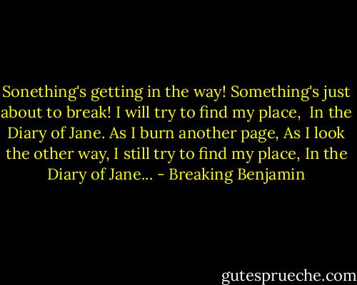 Sonething's getting in the way!<br />Something's just about to break!<br />I will try to find my place, <br />In the Diary of Jane.<br />As I burn another page,<br />As I look the other way,<br />I still try to find my place,<br />In the Diary of Jane... - Breaking Benjamin