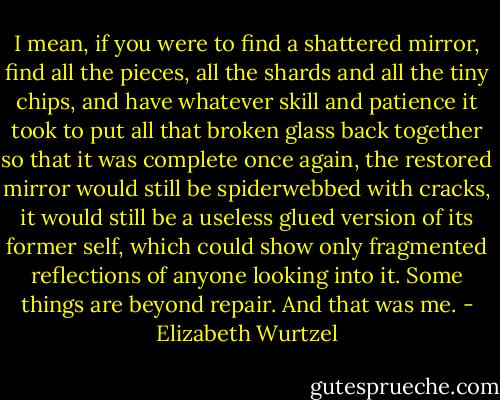 I mean, if you were to find a shattered mirror, find all the pieces, all the shards and all the tiny chips, and have whatever skill and patience it took to put all that broken glass back together so that it was complete once again, the restored mirror would still be spiderwebbed with cracks, it would still be a useless glued version of its former self, which could show only fragmented reflections of anyone looking into it. Some things are beyond repair. And that was me. - Elizabeth Wurtzel