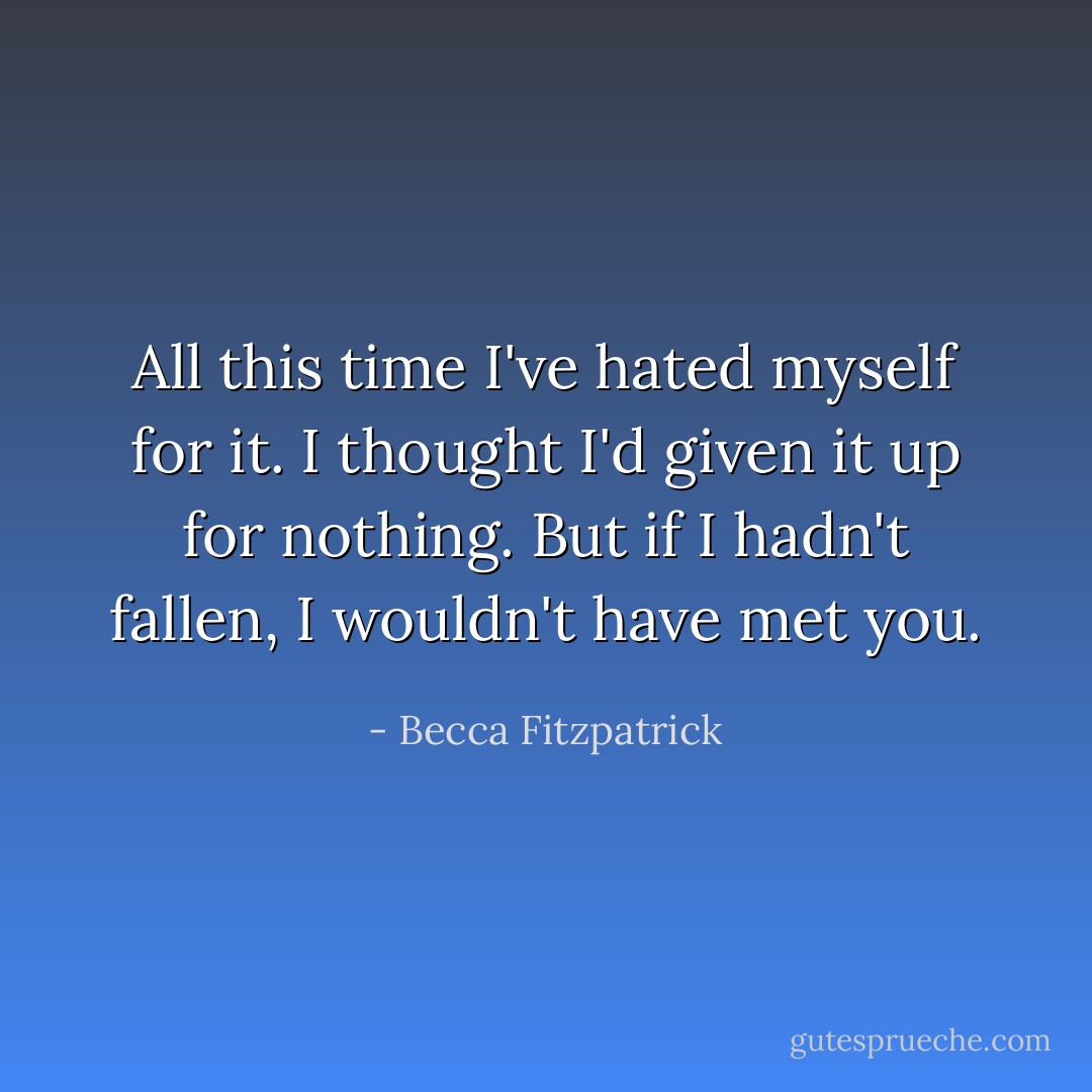 All this time I've hated myself for it. I thought I'd given it up for nothing. But if I hadn't fallen, I wouldn't have met you. - Becca Fitzpatrick